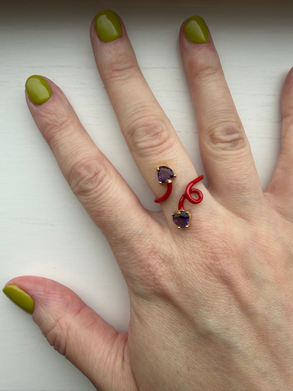 Adjustable Red Enamel Open Snake Ring with Two Purple Heart Crystals